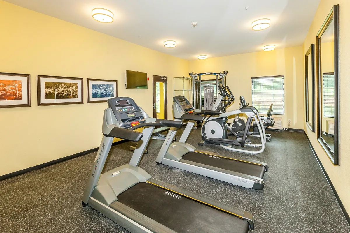 The fitness center is depicted here with several treadmills, an elliptical machine, a wall-mounted TV, and framed artwork. The area is bright, clean, and designed to motivate guests to keep up with their fitness routines any time of day.